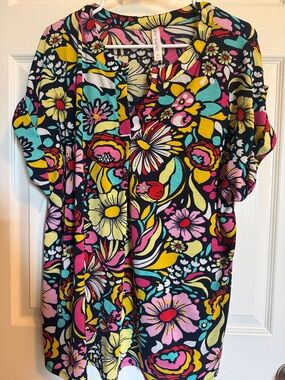 Black Floral V-Neck Tunic with Bright Multicolor Blooms